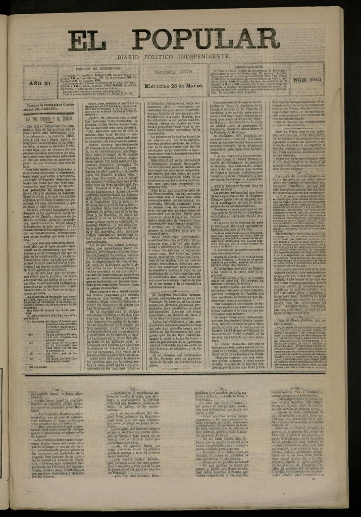 Miniatura de El Popular: diario independiente, político, literario y de noticias de interés general del 26 de marzo de 1879, nº 2943
