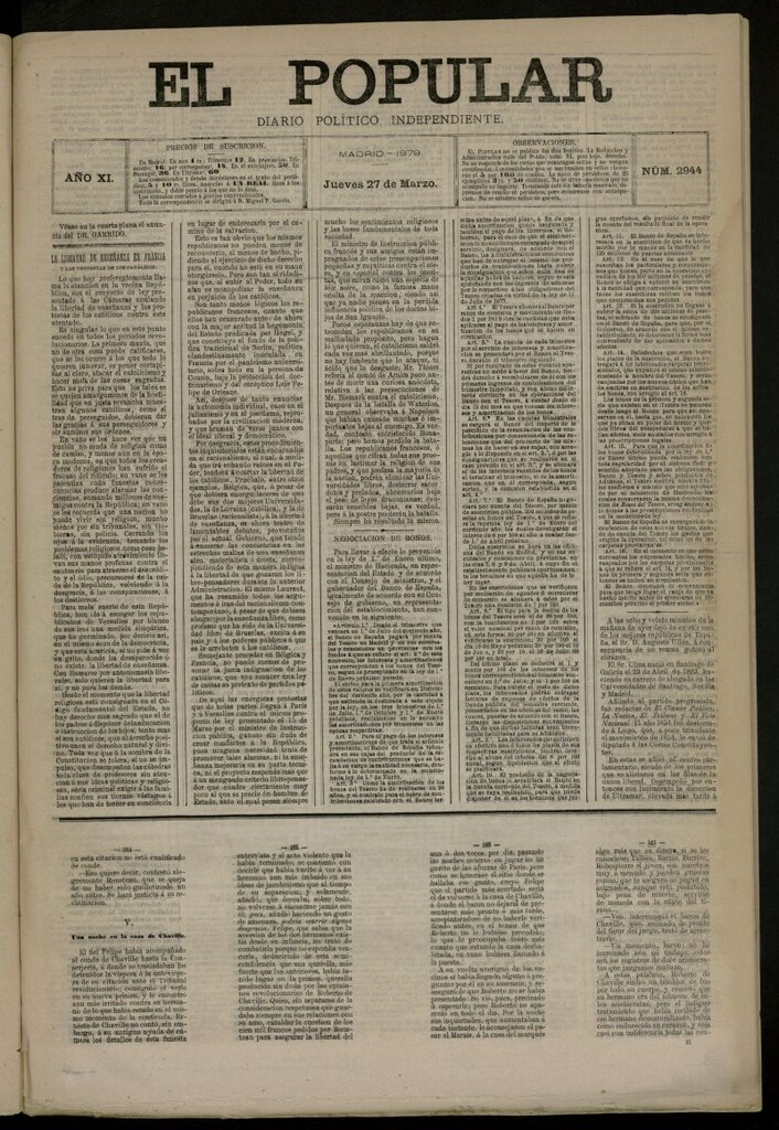 Miniatura de El Popular: diario independiente, político, literario y de noticias de interés general del 27 de marzo de 1879, nº 2944
