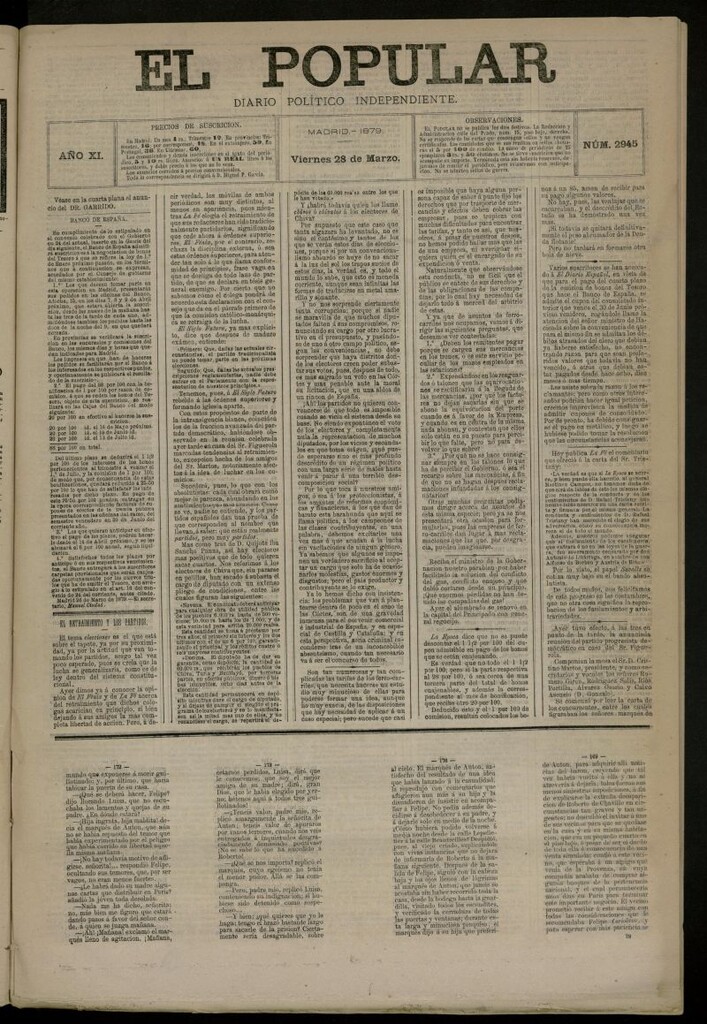 Miniatura de El Popular: diario independiente, político, literario y de noticias de interés general del 28 de marzo de 1879, nº 2945