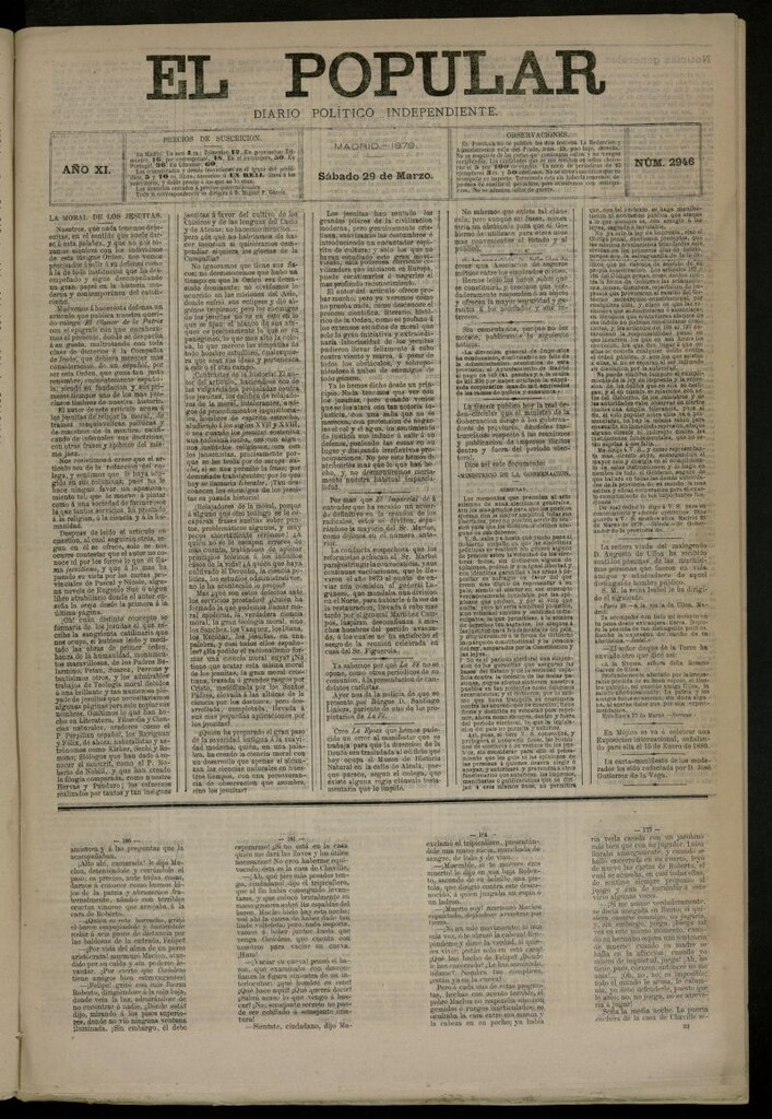 Miniatura de El Popular: diario independiente, político, literario y de noticias de interés general del 29 de marzo de 1879, nº 2946
