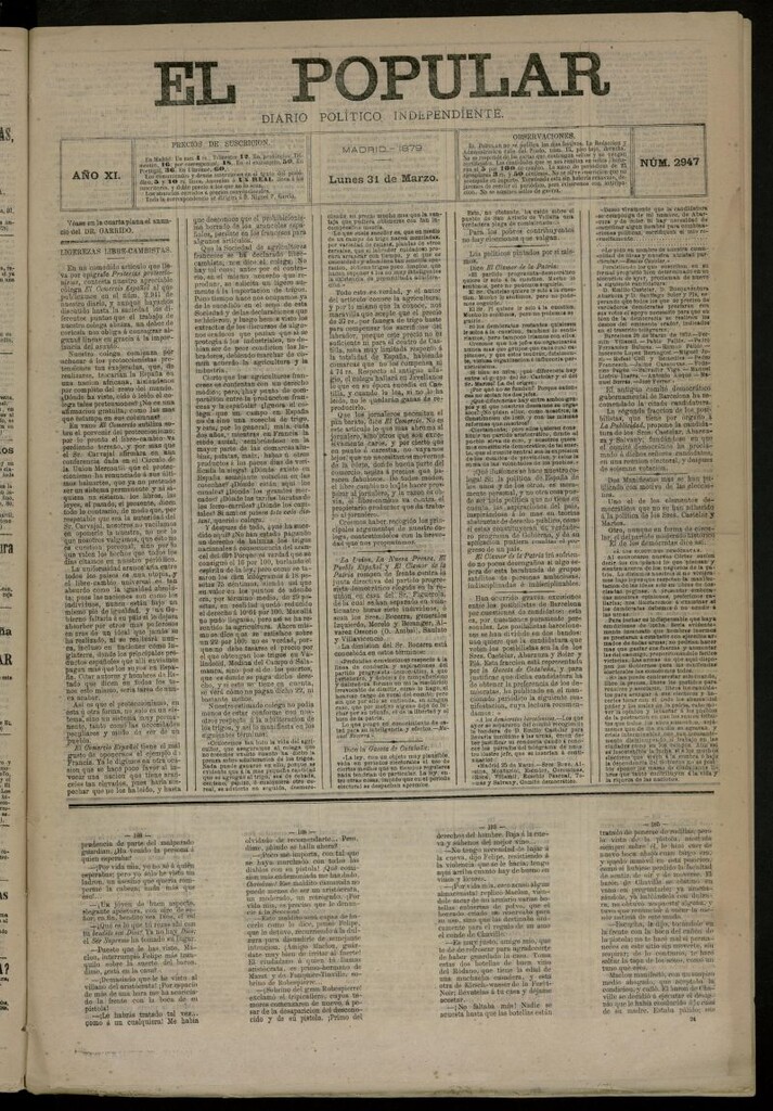 Miniatura de El Popular: diario independiente, político, literario y de noticias de interés general del 31 de marzo de 1879, nº 2947