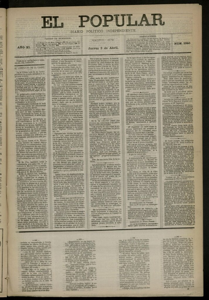 Miniatura de El Popular: diario independiente, político, literario y de noticias de interés general del 3 de abril de 1879, nº 2950