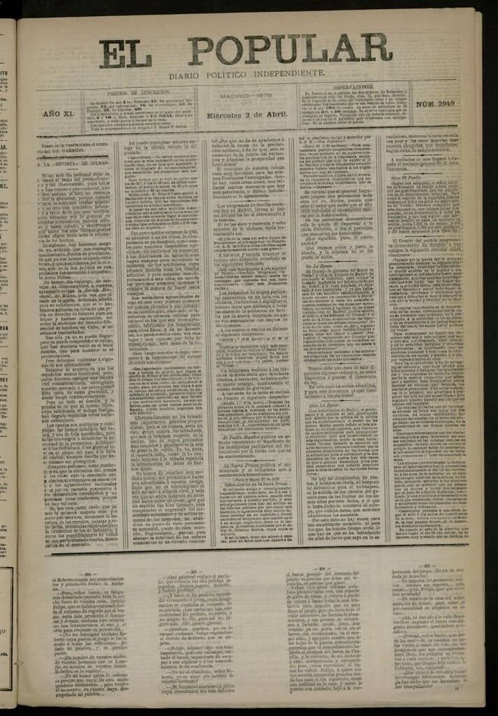 Miniatura de El Popular: diario independiente, político, literario y de noticias de interés general del 2 de abril de 1879, nº 2949