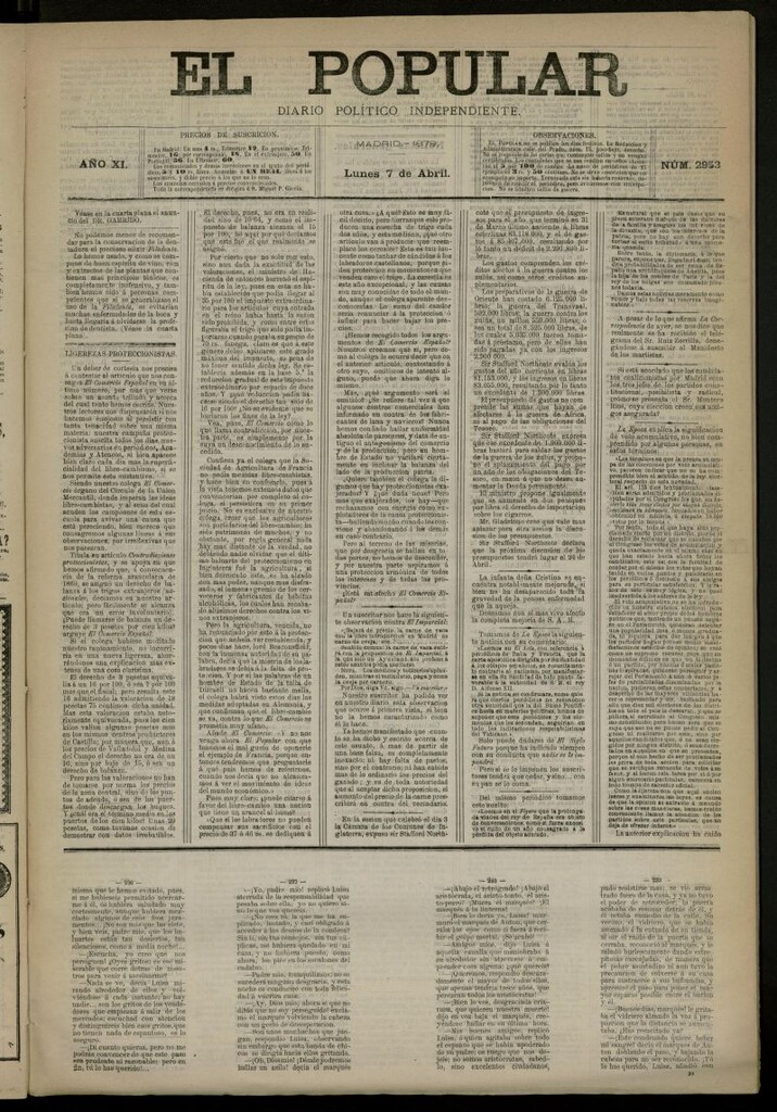 Miniatura de El Popular: diario independiente, político, literario y de noticias de interés general del 7 de abril de 1879, nº 2953