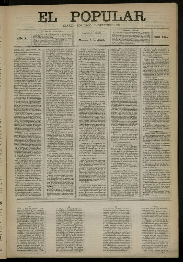 Miniatura de El Popular: diario independiente, político, literario y de noticias de interés general del 8 de abril de 1879, nº 2954