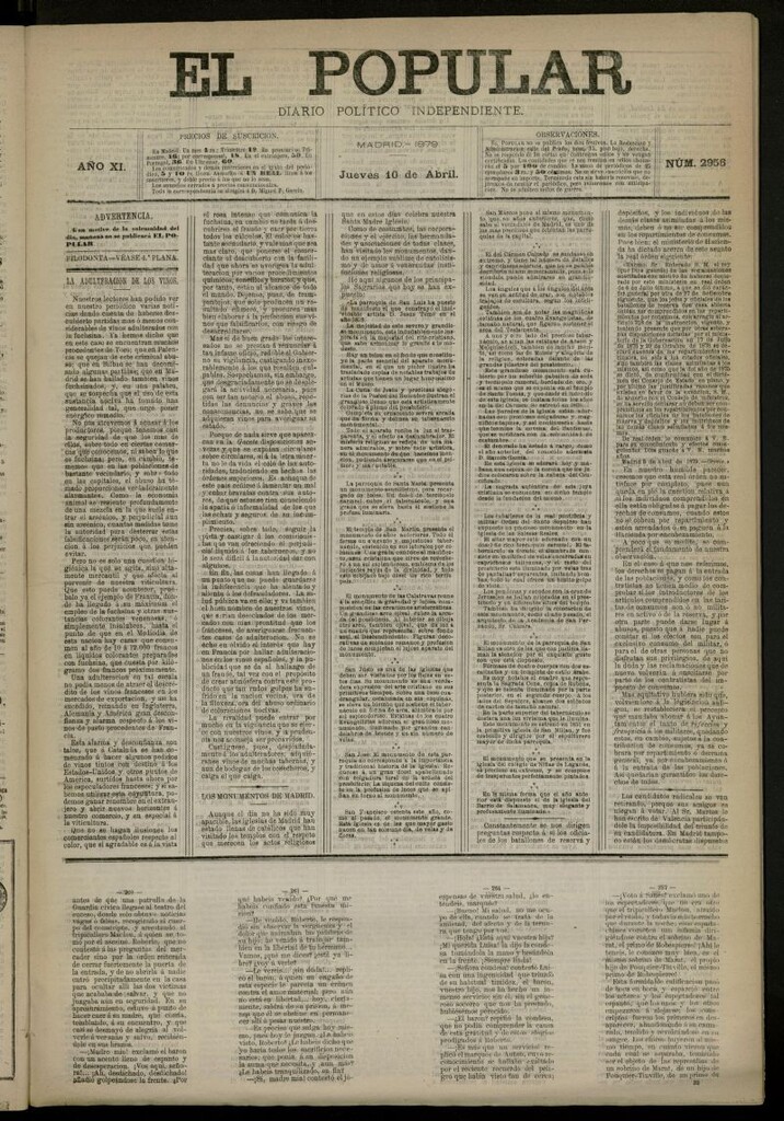 Miniatura de El Popular: diario independiente, político, literario y de noticias de interés general del 10 de abril de 1879, nº 2956