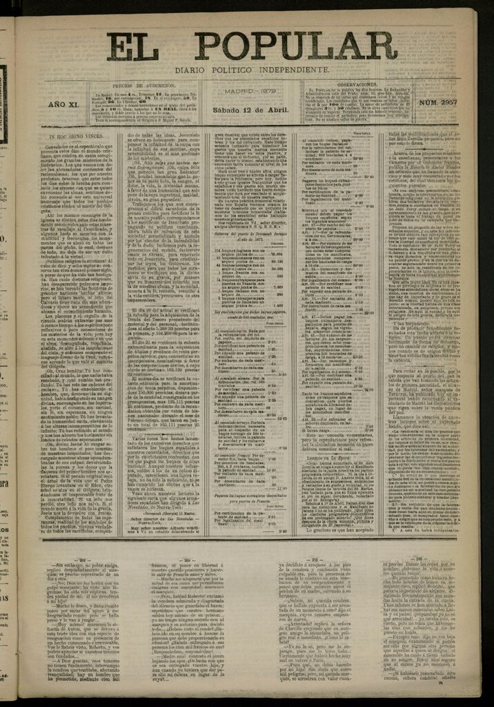 Miniatura de El Popular: diario independiente, político, literario y de noticias de interés general del 12 de abril de 1879, nº 2957