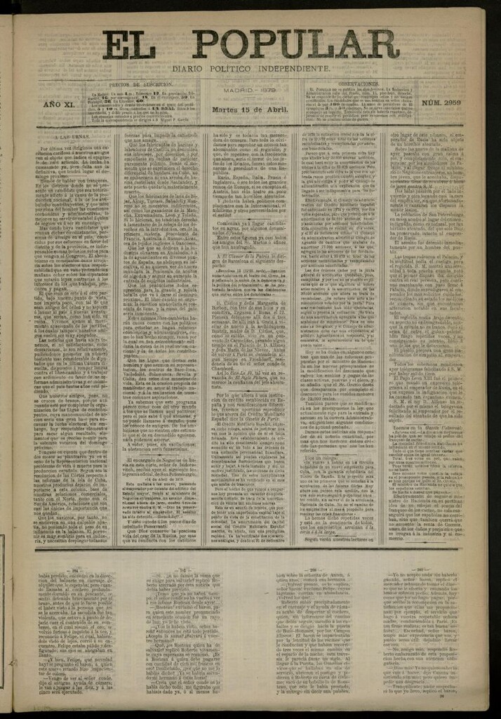 Miniatura de El Popular: diario independiente, político, literario y de noticias de interés general del 15 de abril de 1879, nº 2959