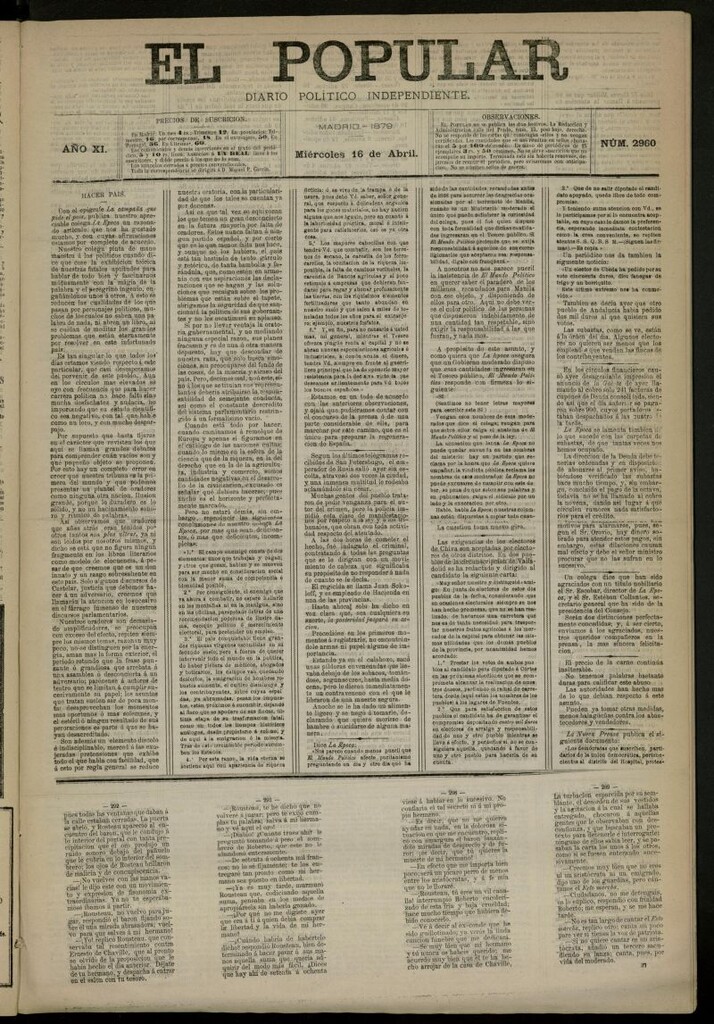 Miniatura de El Popular: diario independiente, político, literario y de noticias de interés general del 16 de abril de 1879, nº 2960