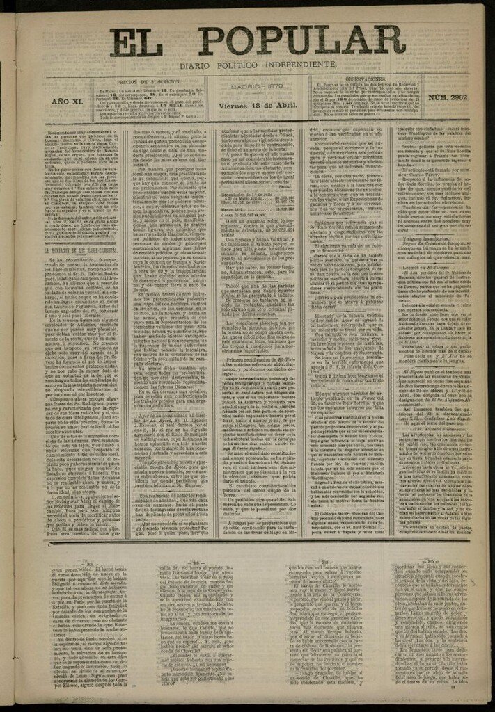 Miniatura de El Popular: diario independiente, político, literario y de noticias de interés general del 18 de abril de 1879, nº 2962