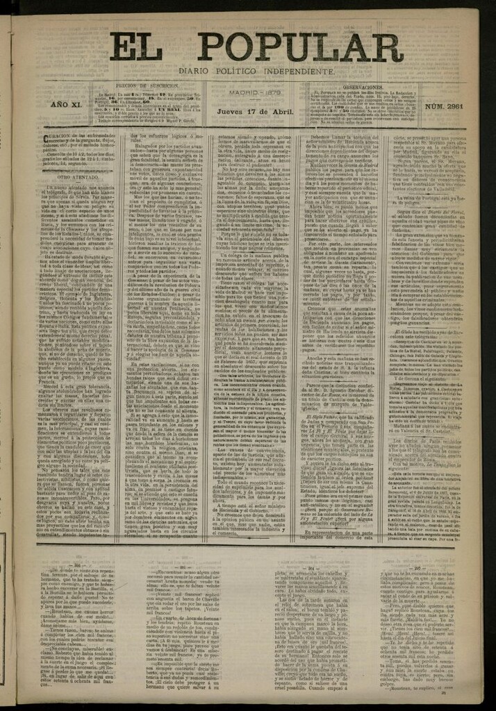 Miniatura de El Popular: diario independiente, político, literario y de noticias de interés general del 17 de abril de 1879, nº 2961
