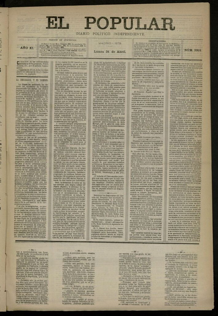 Miniatura de El Popular: diario independiente, político, literario y de noticias de interés general del 21 de abril de 1879, nº 2964