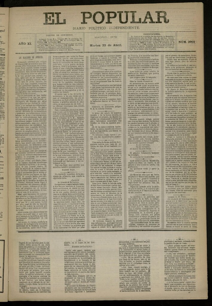 Miniatura de El Popular: diario independiente, político, literario y de noticias de interés general del 22 de abril de 1879, nº 2965