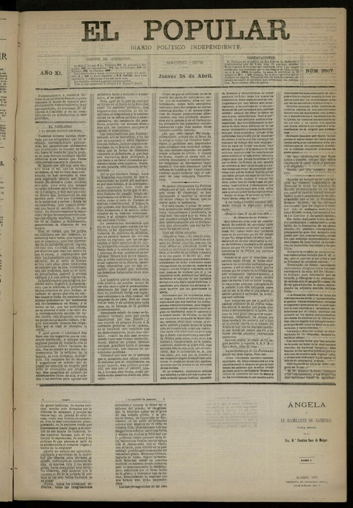Miniatura de El Popular: diario independiente, político, literario y de noticias de interés general del 24 de abril de 1879, nº 2967
