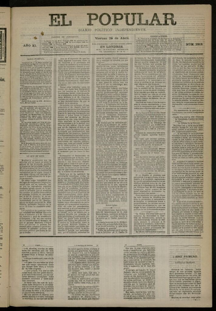 Miniatura de El Popular: diario independiente, político, literario y de noticias de interés general del 25 de abril de 1879, nº 2968