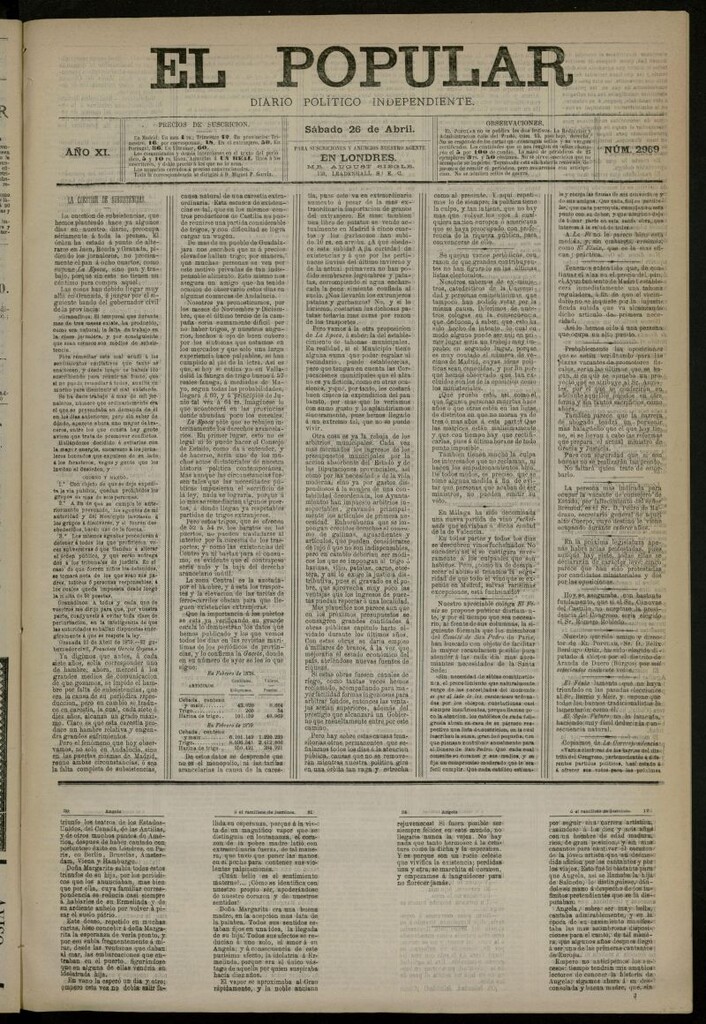 Miniatura de El Popular: diario independiente, político, literario y de noticias de interés general del 26 de abril de 1879, nº 2969