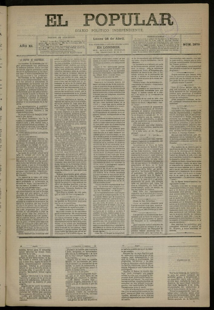 Miniatura de El Popular: diario independiente, político, literario y de noticias de interés general del 28 de abril de 1879, nº 2970