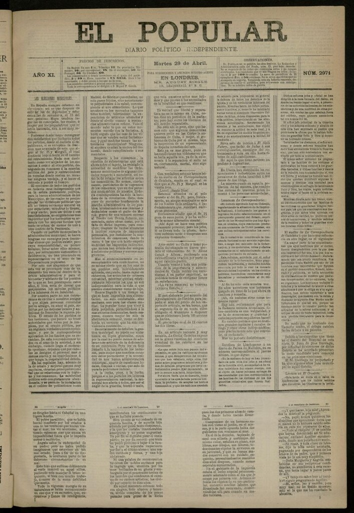 Miniatura de El Popular: diario independiente, político, literario y de noticias de interés general del 29 de abril de 1879, nº 2971