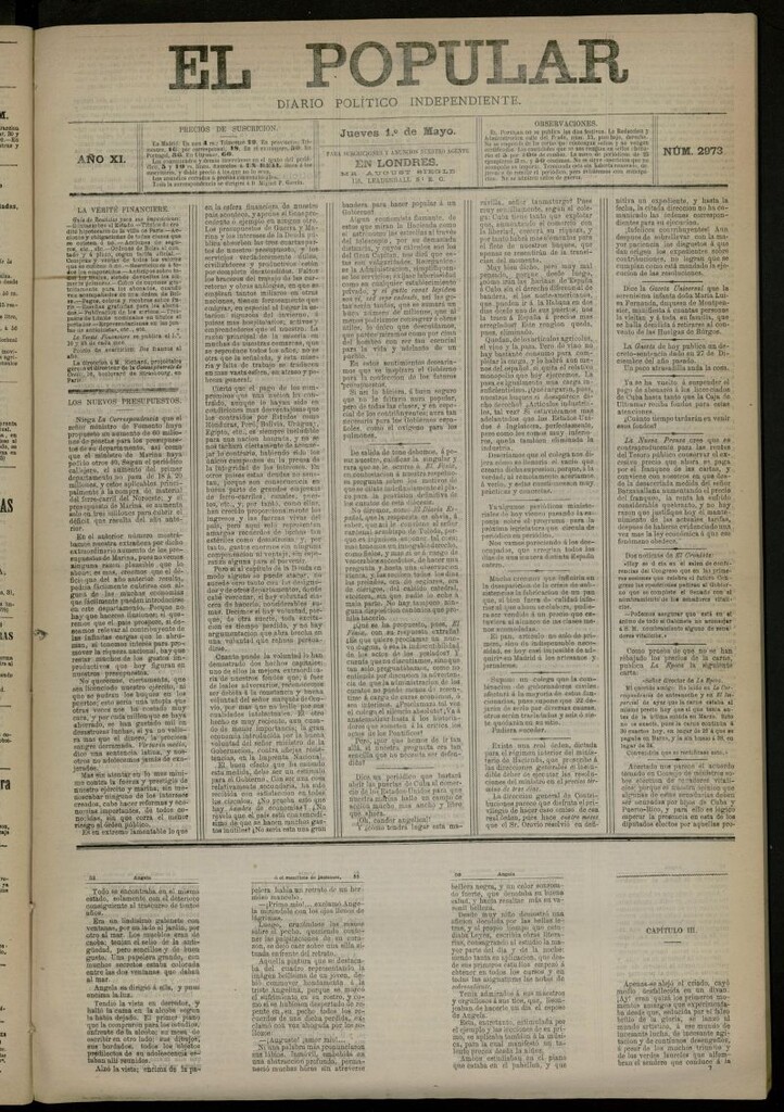 Miniatura de El Popular: diario independiente, político, literario y de noticias de interés general del 1 de mayo de 1879, nº 2973