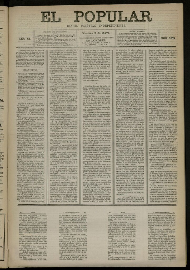 Miniatura de El Popular: diario independiente, político, literario y de noticias de interés general del 2 de mayo de 1879, nº 2974