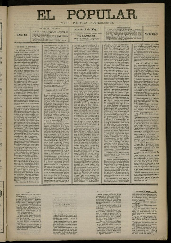 Miniatura de El Popular: diario independiente, político, literario y de noticias de interés general del 3 de mayo de 1879, nº 2975
