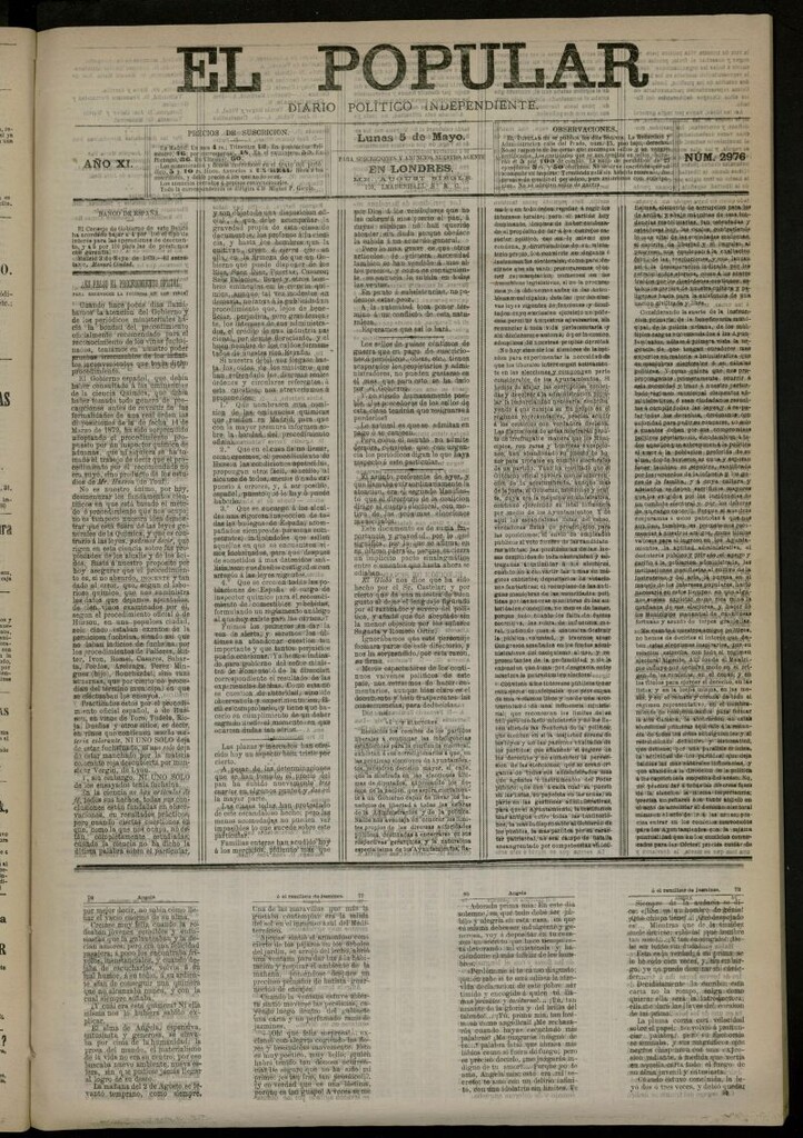 Miniatura de El Popular: diario independiente, político, literario y de noticias de interés general del 5 de mayo de 1879, nº 2976