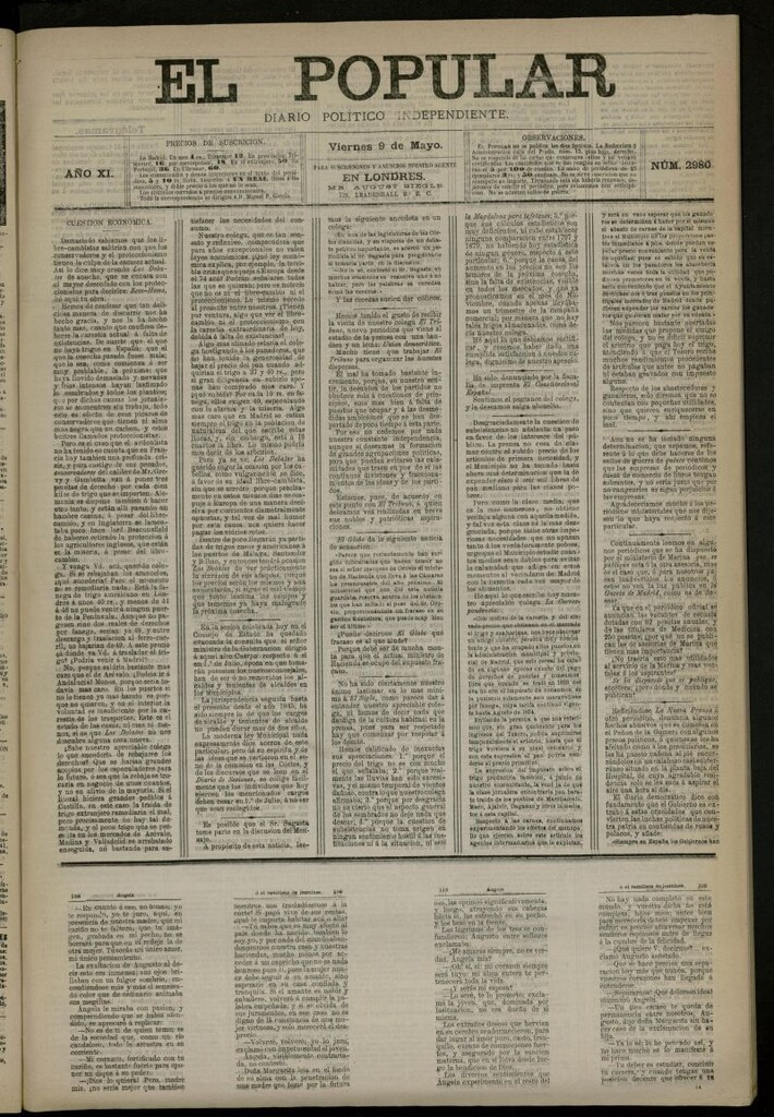 Miniatura de El Popular: diario independiente, político, literario y de noticias de interés general del 9 de mayo de 1879, nº 2980