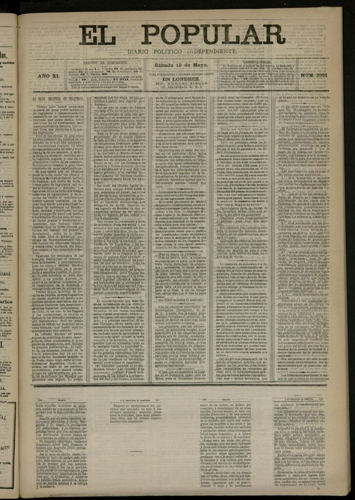 Miniatura de El Popular: diario independiente, político, literario y de noticias de interés general del 10 de mayo de 1879, nº 2981