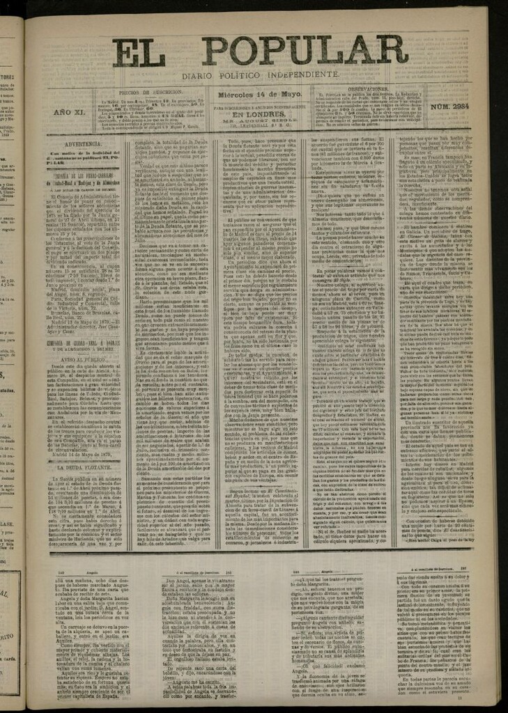 Miniatura de El Popular: diario independiente, político, literario y de noticias de interés general del 14 de mayo de 1879, nº 2984