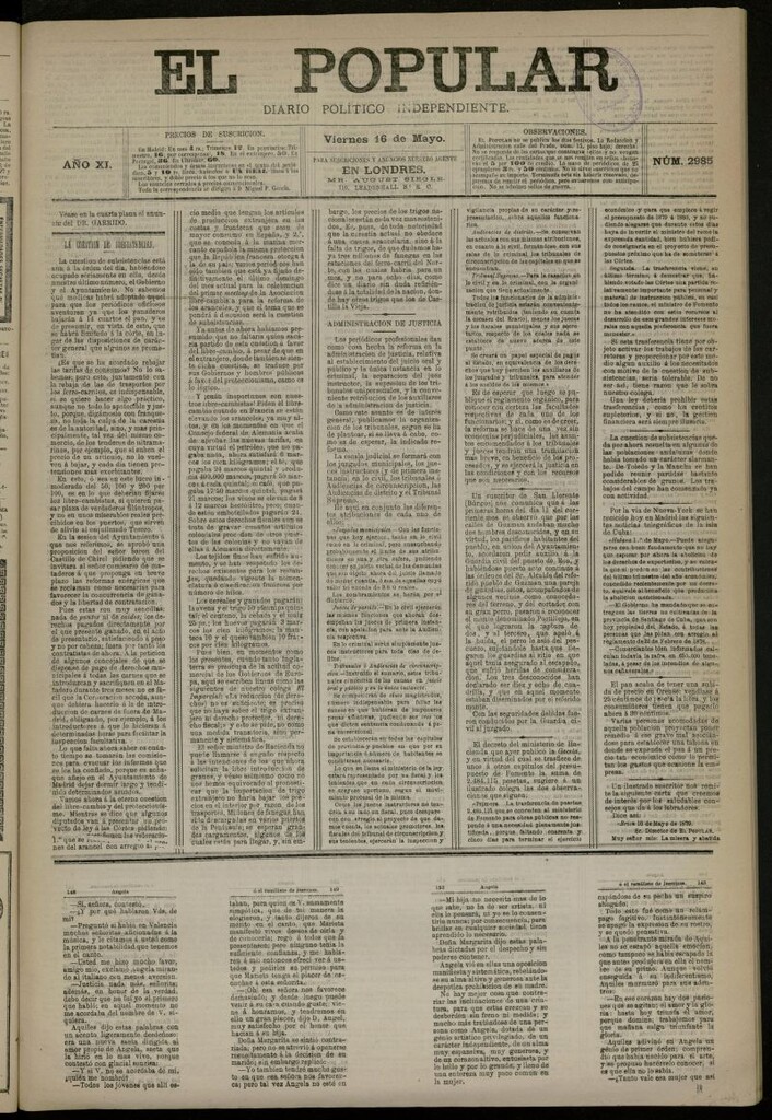 Miniatura de El Popular: diario independiente, político, literario y de noticias de interés general del 16 de mayo de 1879, nº 2985
