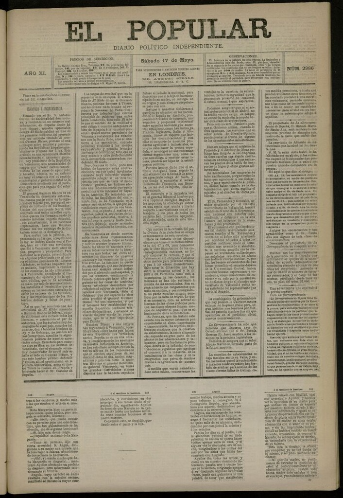 Miniatura de El Popular: diario independiente, político, literario y de noticias de interés general del 17 de mayo de 1879, nº 2986
