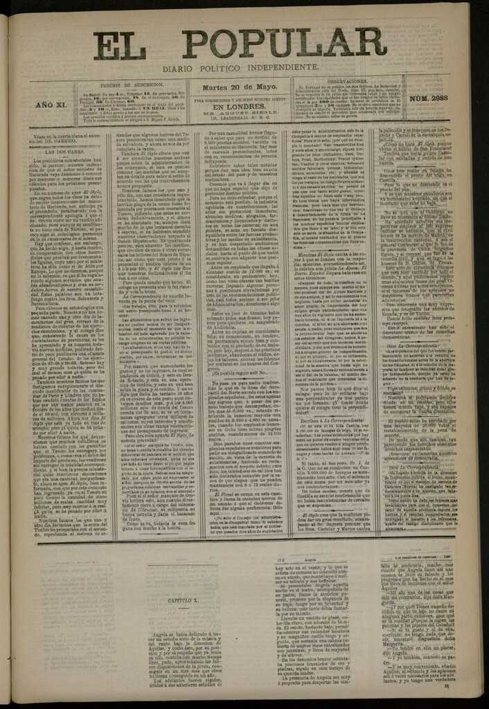 Miniatura de El Popular: diario independiente, político, literario y de noticias de interés general del 20 de mayo de 1879, nº 2988