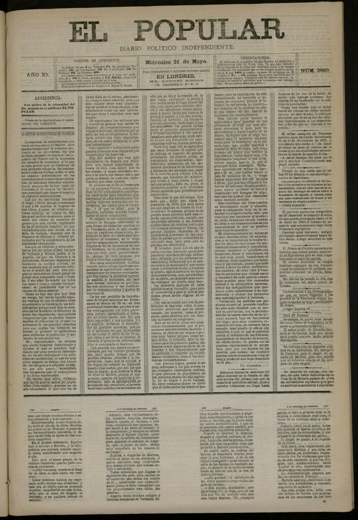 Miniatura de El Popular: diario independiente, político, literario y de noticias de interés general del 21 de mayo de 1879, nº 2989