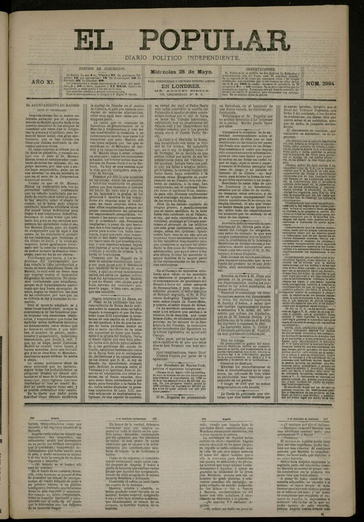 Miniatura de El Popular: diario independiente, político, literario y de noticias de interés general del 28 de mayo de 1879, nº 2994