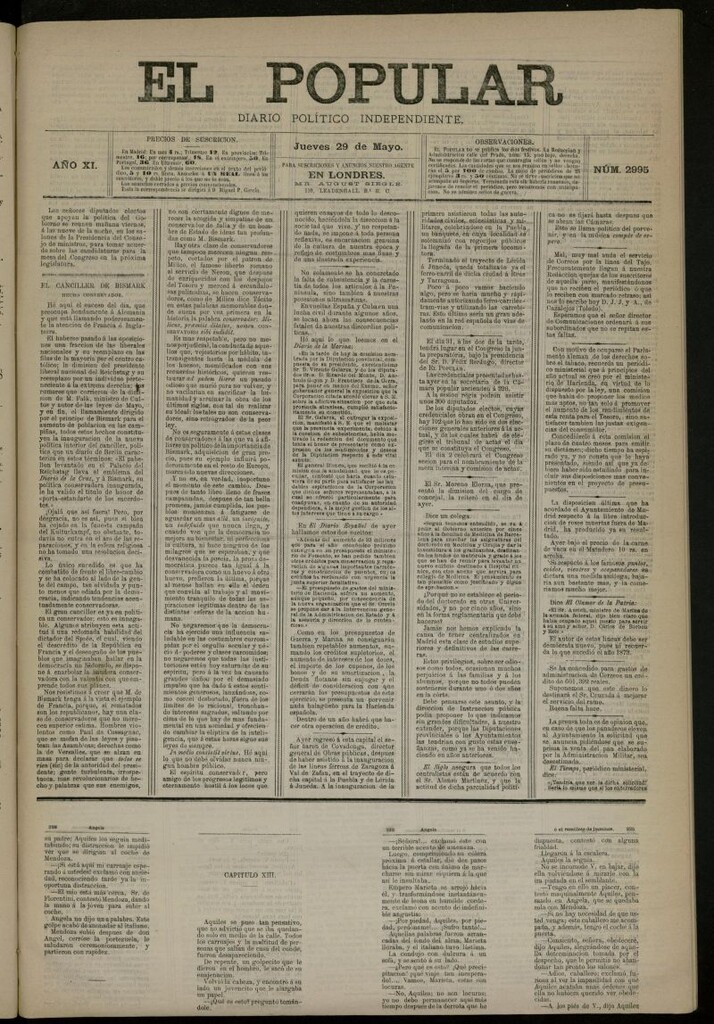 Miniatura de El Popular: diario independiente, político, literario y de noticias de interés general del 29 de mayo de 1879, nº 2995