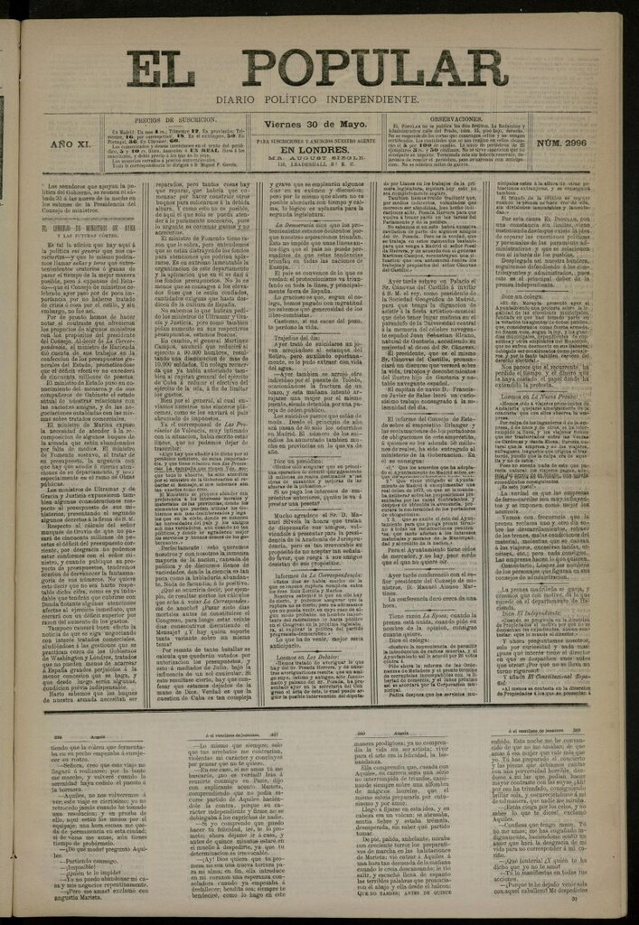 Miniatura de El Popular: diario independiente, político, literario y de noticias de interés general del 30 de mayo de 1879, nº 2996