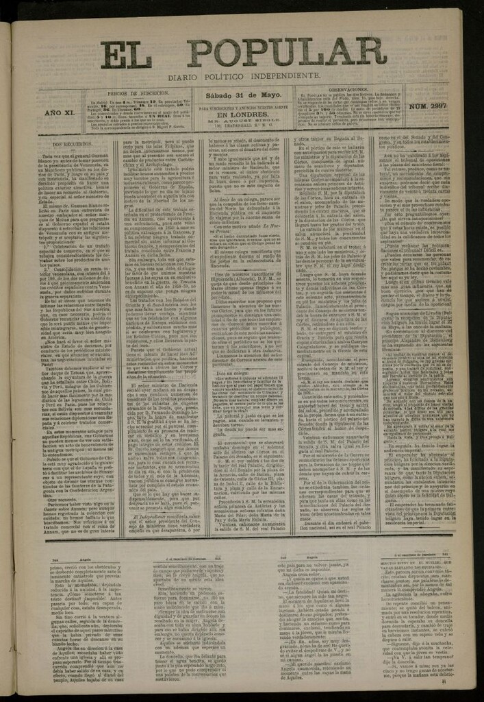 Miniatura de El Popular: diario independiente, político, literario y de noticias de interés general del 31 de mayo de 1879, nº 2997