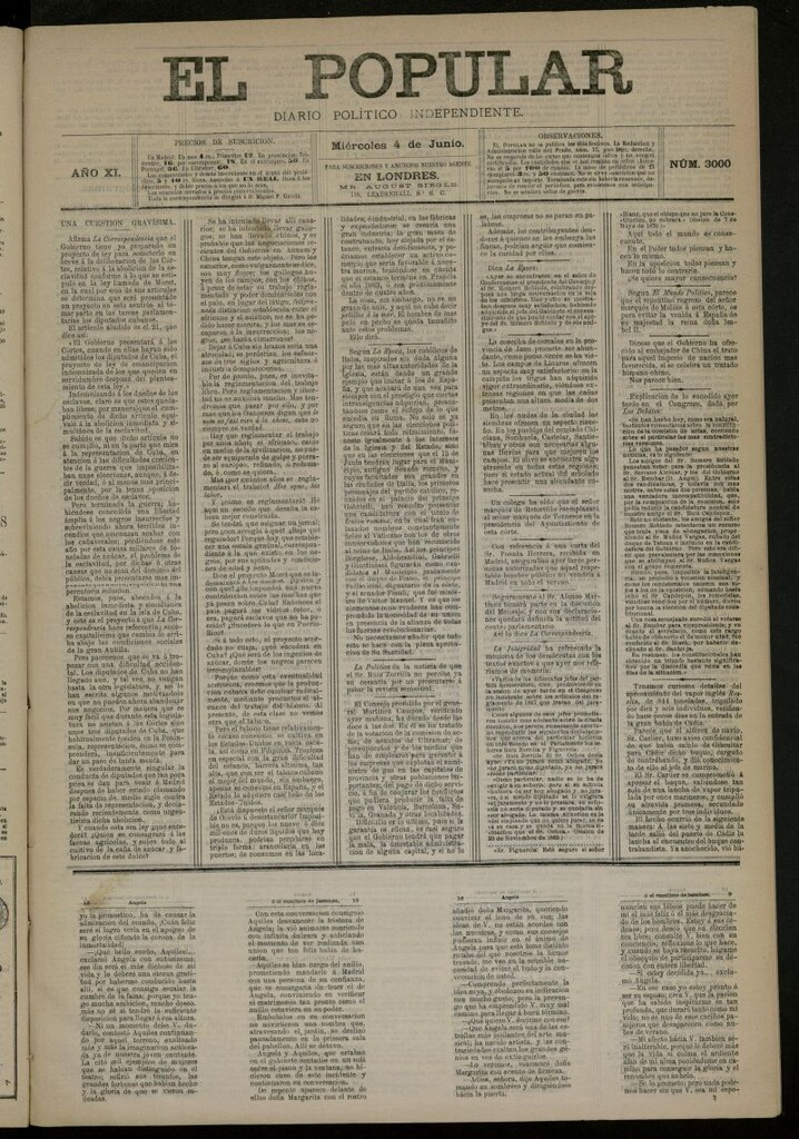 Miniatura de El Popular: diario independiente, político, literario y de noticias de interés general del 4 de junio de 1879, nº 3000