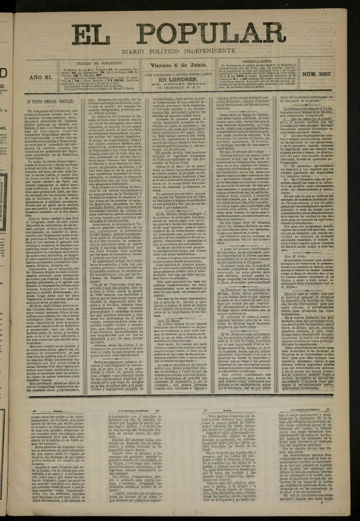 Miniatura de El Popular: diario independiente, político, literario y de noticias de interés general del 6 de junio de 1879, nº 3002
