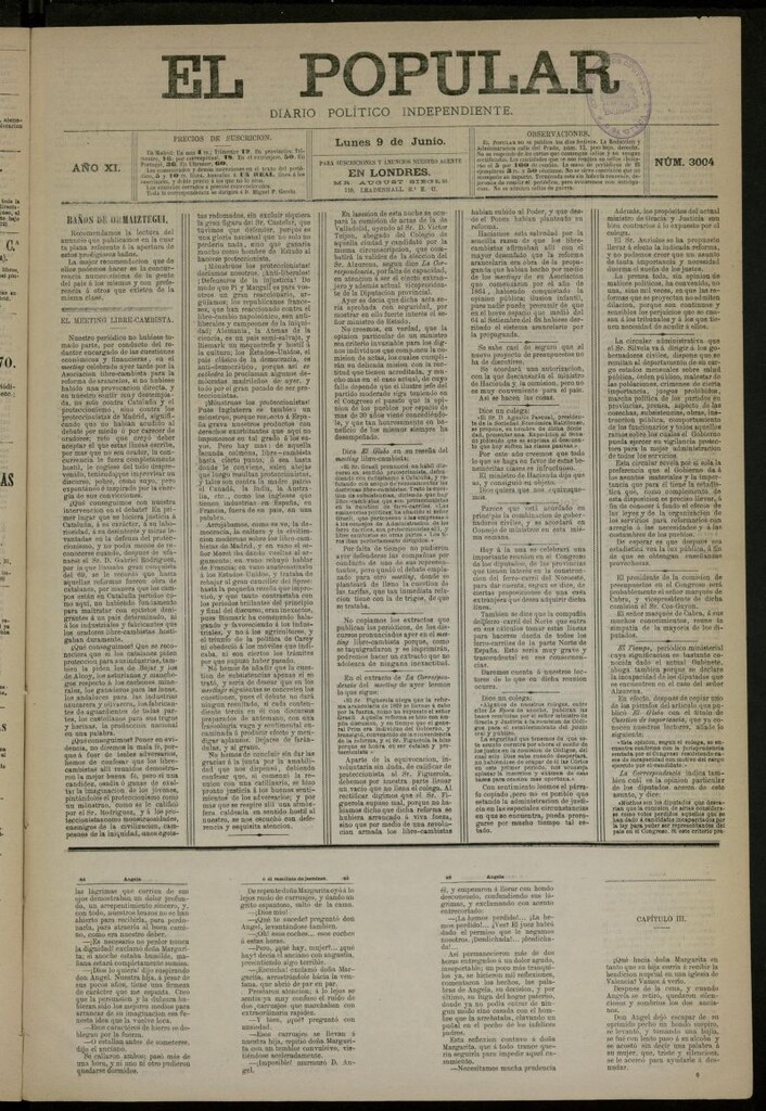 Miniatura de El Popular: diario independiente, político, literario y de noticias de interés general del 9 de junio de 1879, nº 3004