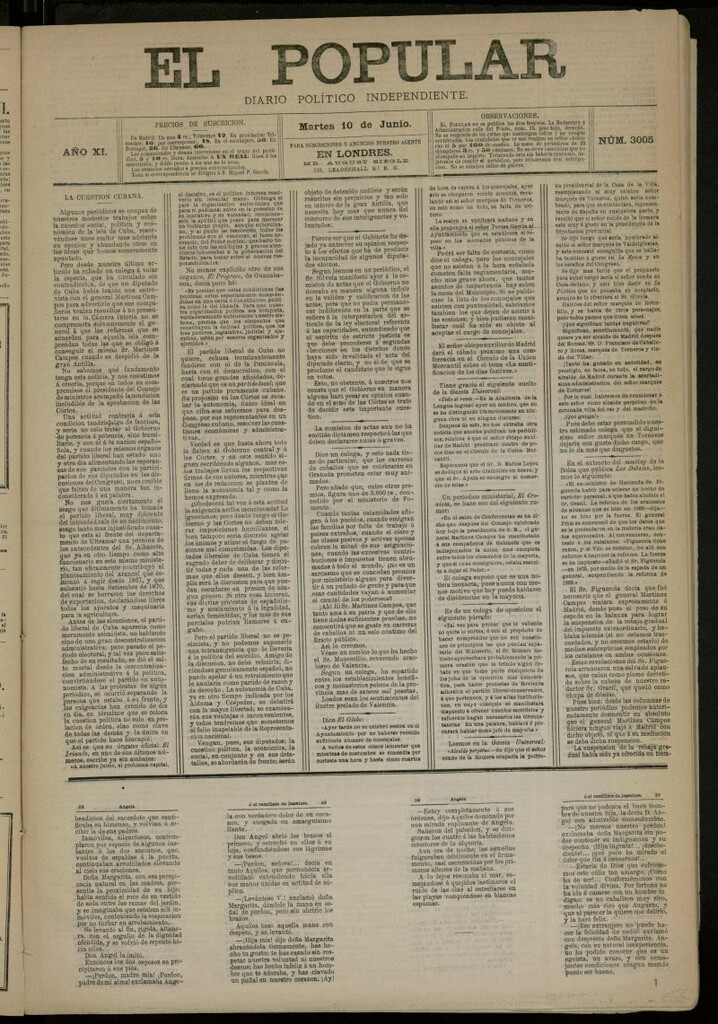Miniatura de El Popular: diario independiente, político, literario y de noticias de interés general del 10 de junio de 1879, nº 3005