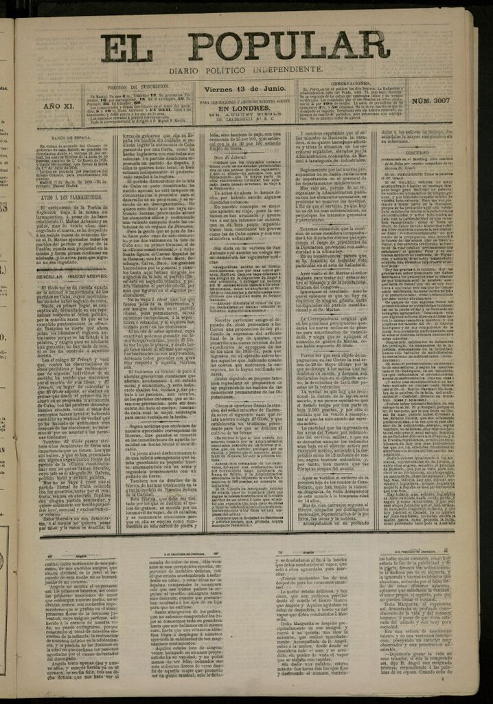 Miniatura de El Popular: diario independiente, político, literario y de noticias de interés general del 13 de junio de 1879, nº 3007