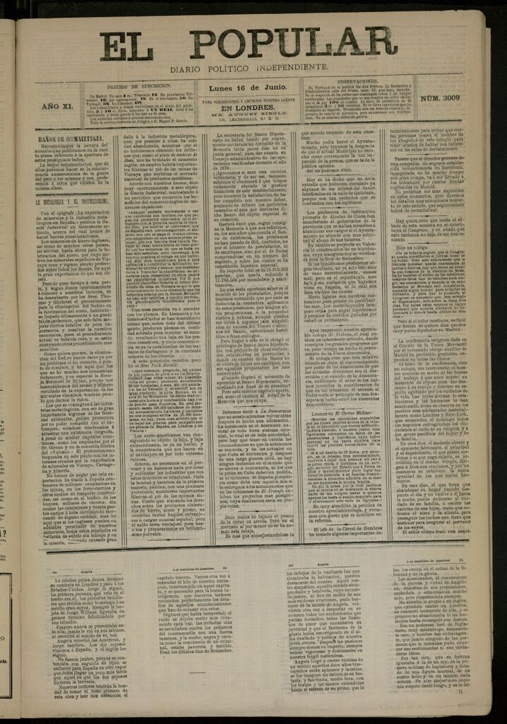 Miniatura de El Popular: diario independiente, político, literario y de noticias de interés general del 16 de junio de 1879, nº 3009