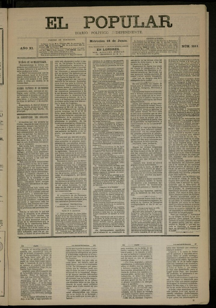 Miniatura de El Popular: diario independiente, político, literario y de noticias de interés general del 18 de junio de 1879, nº 3011
