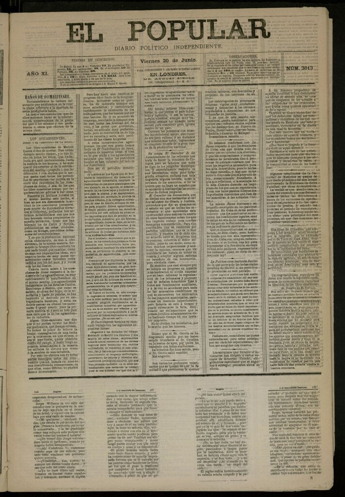 Miniatura de El Popular: diario independiente, político, literario y de noticias de interés general del 20 de junio de 1879, nº 3013