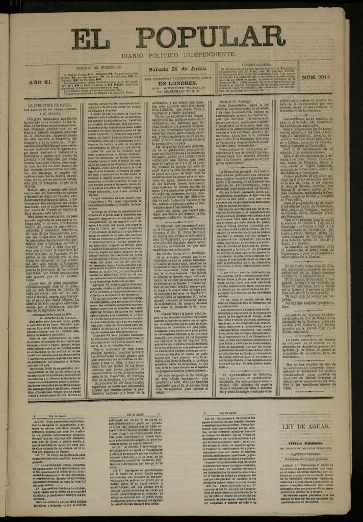 Miniatura de El Popular: diario independiente, político, literario y de noticias de interés general del 21 de junio de 1879, nº 3014