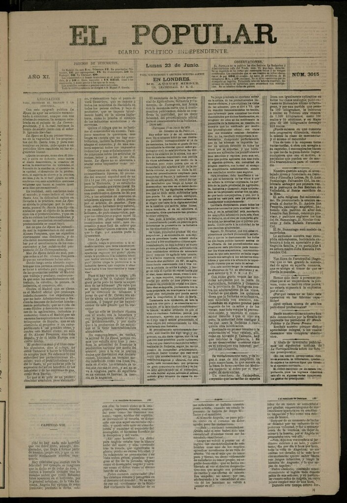 Miniatura de El Popular: diario independiente, político, literario y de noticias de interés general del 23 de junio de 1879, nº 3015