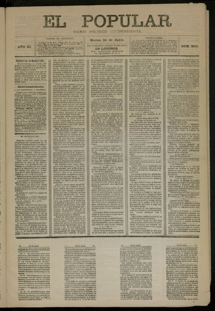 Miniatura de El Popular: diario independiente, político, literario y de noticias de interés general del 24 de junio de 1879, nº 3016