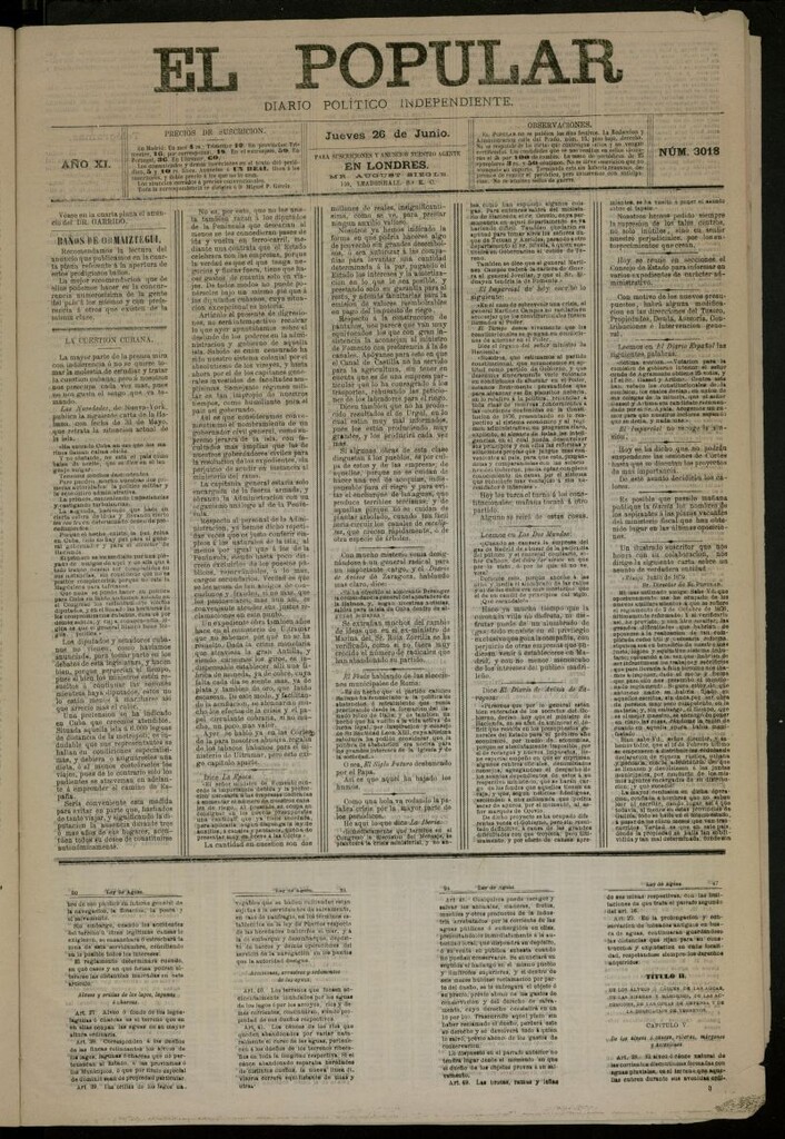 Miniatura de El Popular: diario independiente, político, literario y de noticias de interés general del 26 de junio de 1879, nº 3018