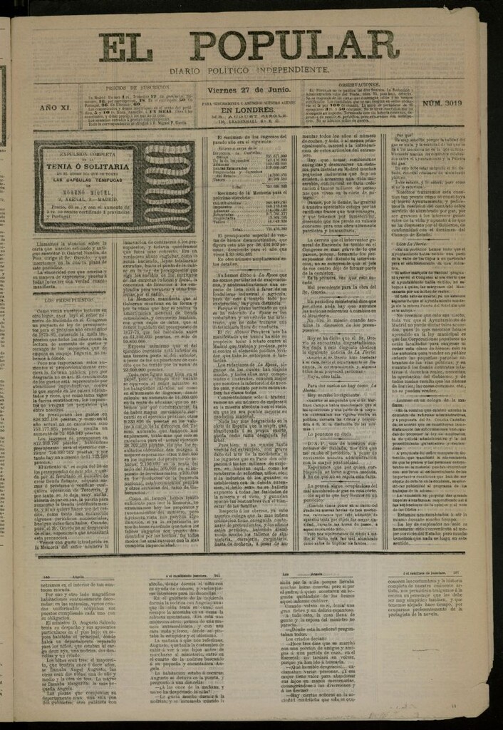 Miniatura de El Popular: diario independiente, político, literario y de noticias de interés general del 27 de junio de 1879, nº 3019